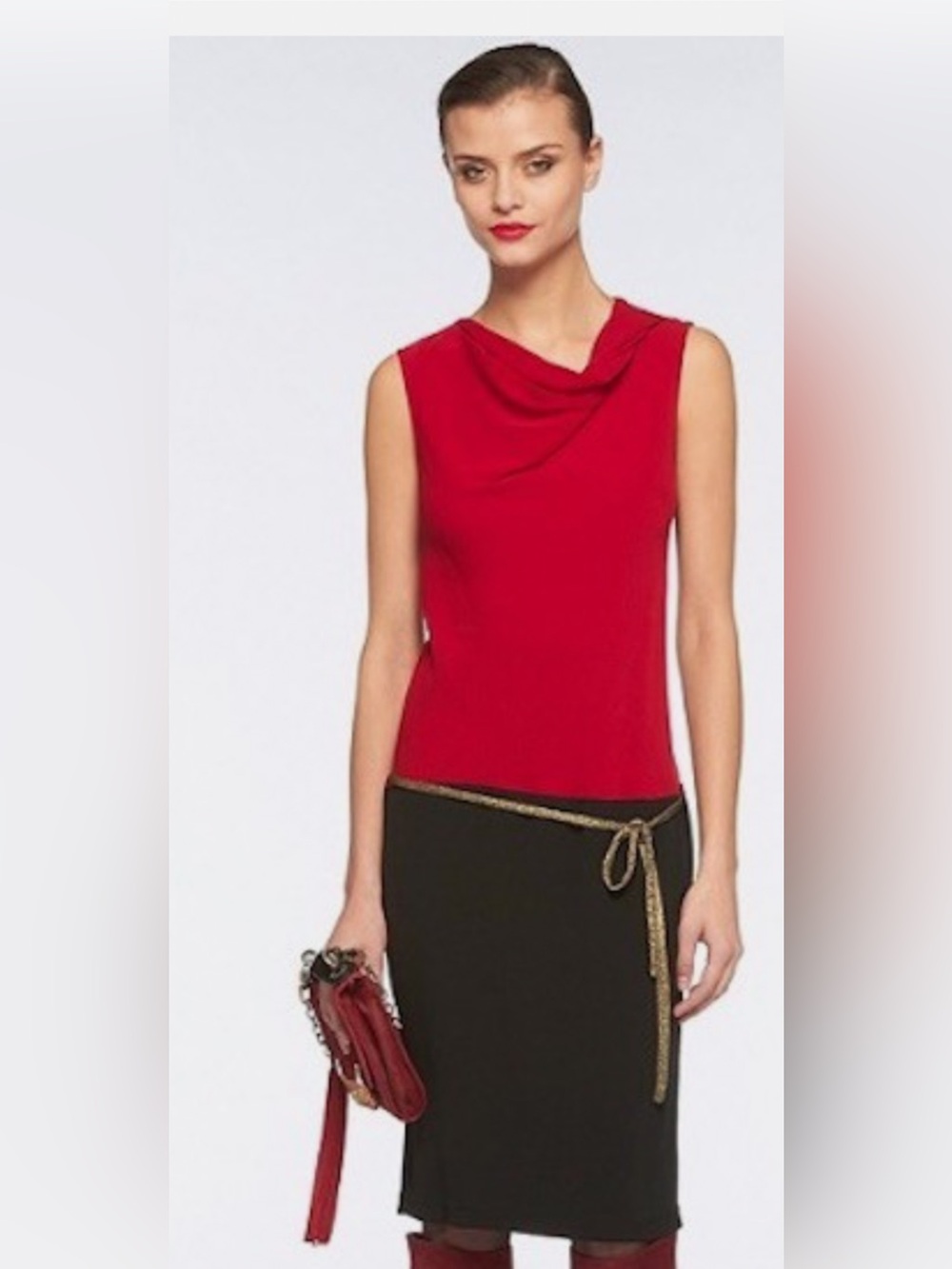 Diane Von Furstenberg Red and Black Sleeveless Draped Neck Dress